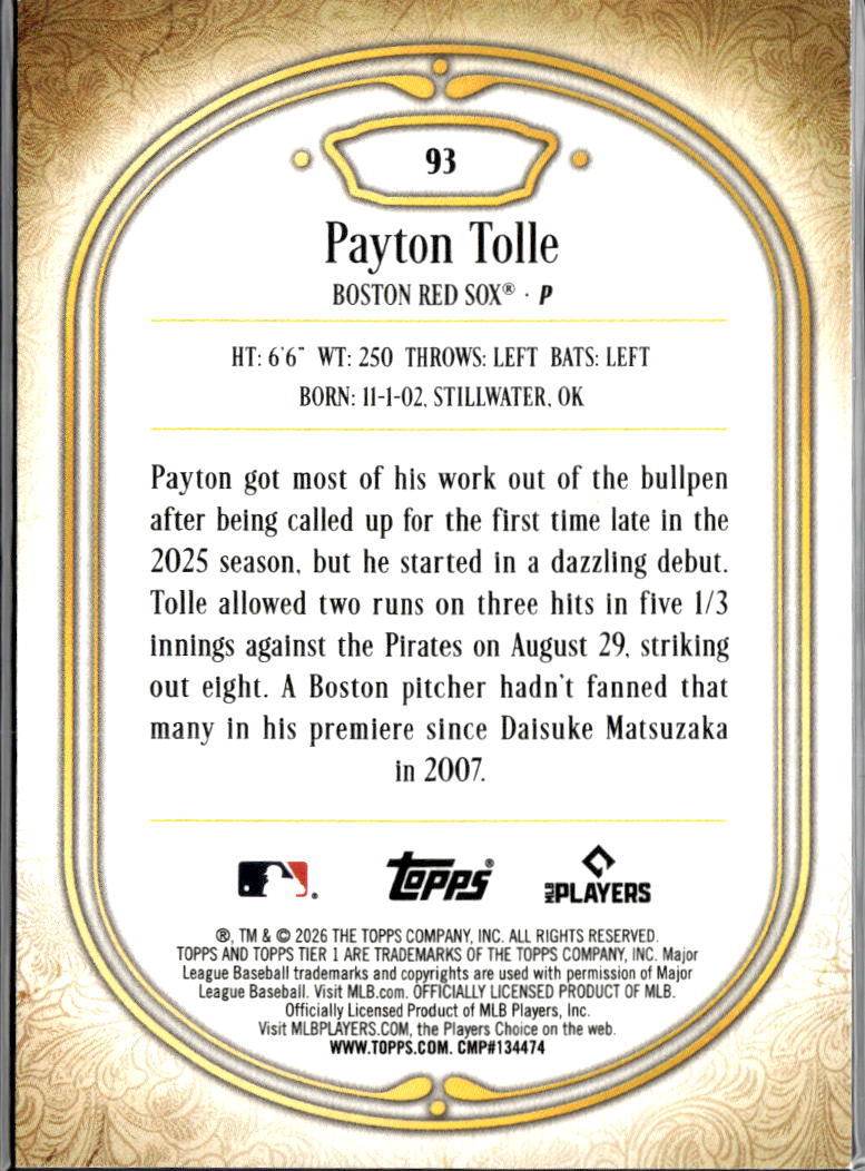 Payton Tolle 2026 Topps Tier One Platinum Rookie RC 10/10 Boston Red Sox