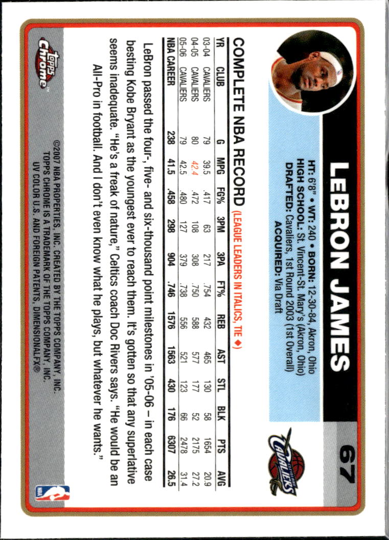 LeBron James 2006-07 Topps Chrome Card #67 Cleveland Cavaliers