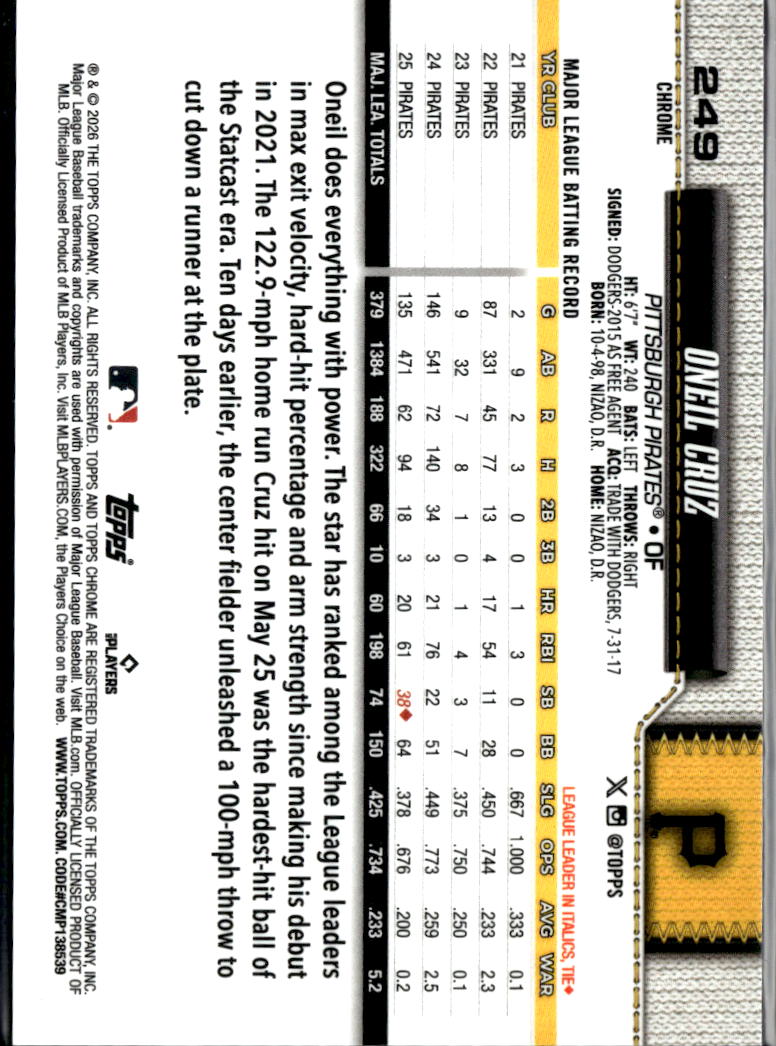 Oneil Cruz 2026 Topps Chrome Purple Refractor 26/75 Pittsburgh Pirates