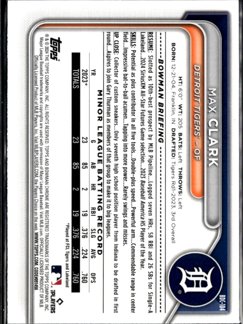 Max Clark 2024 Bowman Chrome Grass Green Refractor 62/99 Detroit Tigers