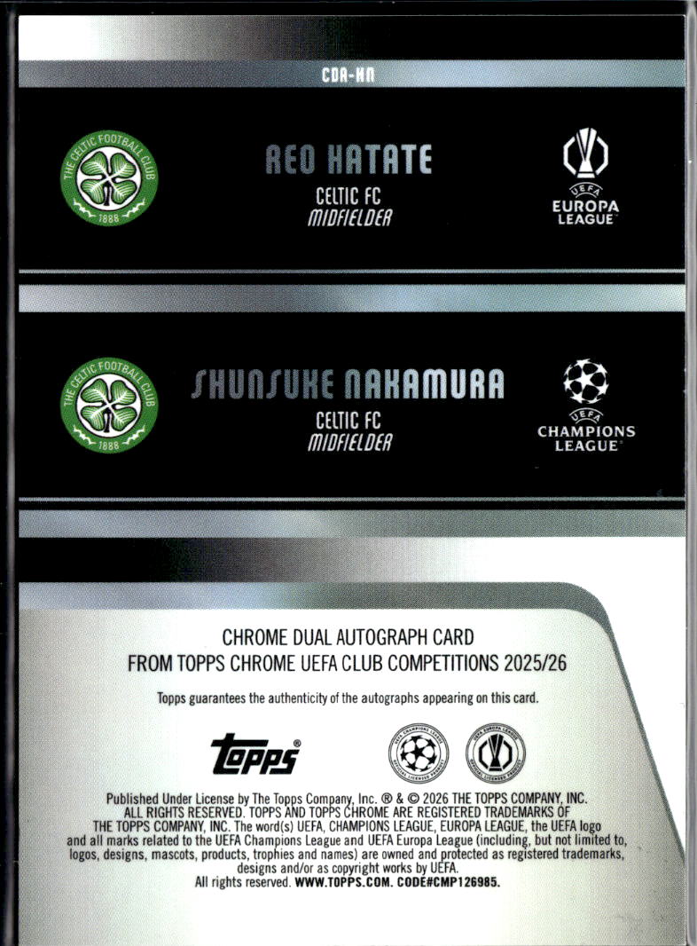Reo Hatate / Shunsuke Nakamura 2026 Topps Chrome Auto Autograph 29/50 Celtic FC
