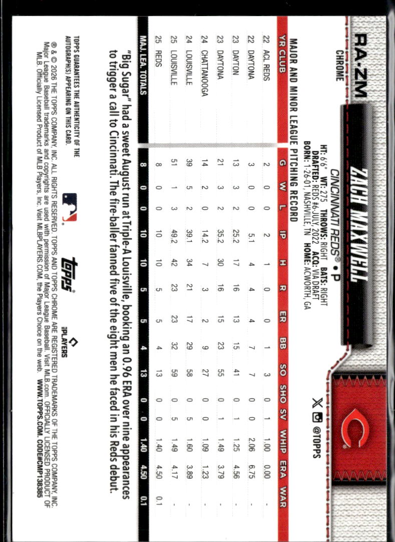 Zach Maxwell 2026 Topps Chrome Auto Autograph RC 1/75 Cincinnati Reds