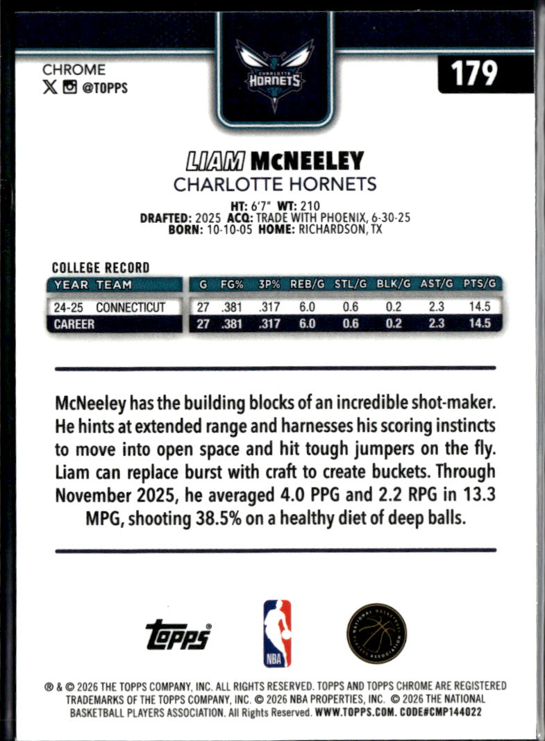 Liam McNeeley 2026 Topps Chrome Update RC Green Wave 58/99 Hornets