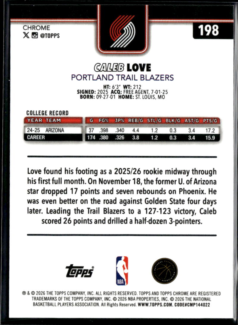 Caleb Love 2026 Topps Chrome Update Orange Refractor RC 16/25 Trail Blazers