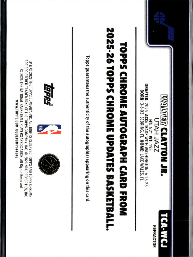 Walter Clayton Jr. 2025 Topps Chrome Update Auto Autograph RC Utah Jazz