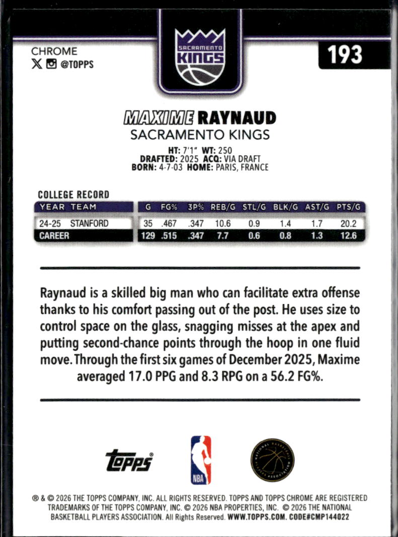 Maxime Raynaud 2026 Topps Chrome Update Pink Refractor 59/399 Kings