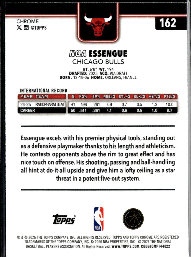 Noa Essengue 2026 Topps Chrome Update Blue Refractor 121/150 Chicago Bulls
