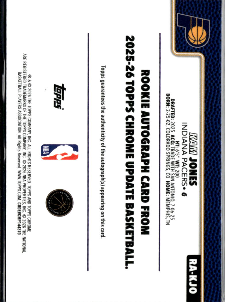 Kam Jones 2026 Topps Chrome Update Auto Autograph RC 3/175 Pacers