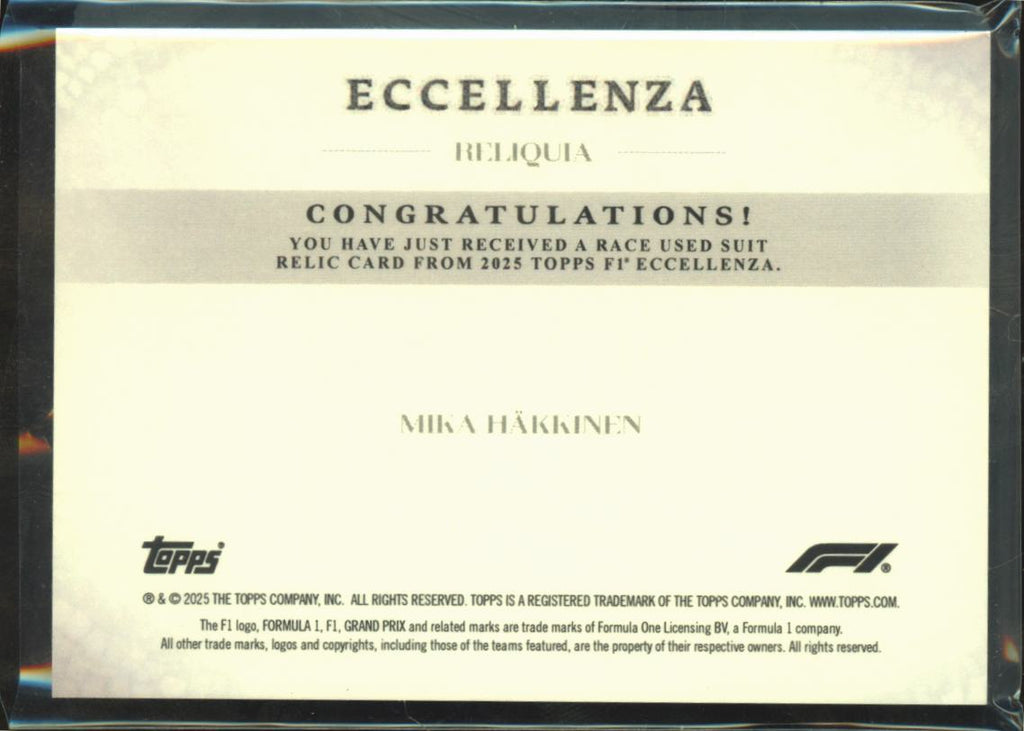 Mika Hakkinen 2025 Topps F1 Eccellenza Race Used Suit Relic Patch 75/99