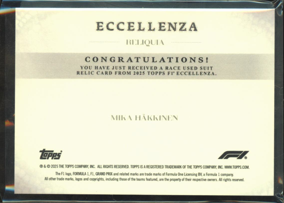 Mika Hakkinen 2025 Topps F1 Eccellenza Race Used Suit Relic Patch 75/99