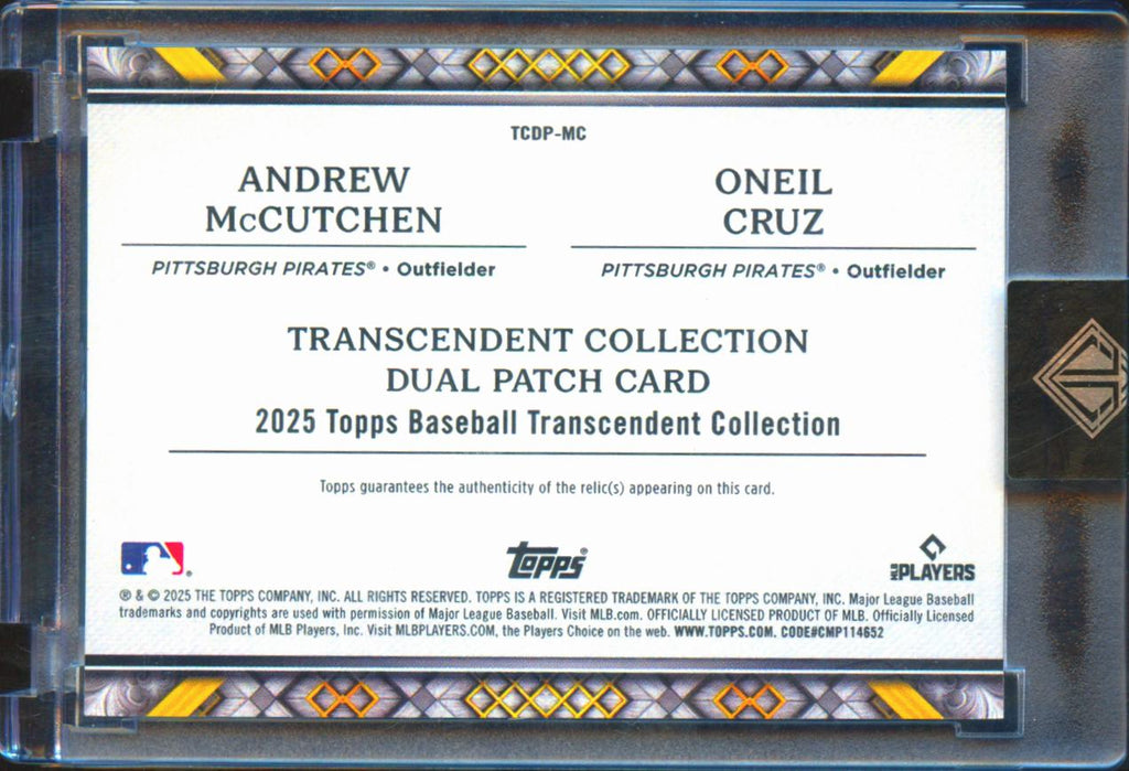Oneil Cruz / Andrew McCutchen 2025 Topps Transcendent Game Worn Patch /5 Pirates