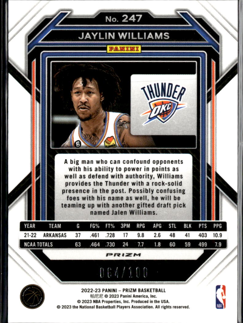 Jaylin Williams 2022-23 Prizm Red Disco Prizm RC Rookie 64/100 OKC Thunder