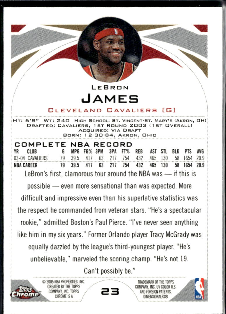 LeBron James 2004-05 Topps Chrome 2nd Year Card #23 Cleveland Cavaliers