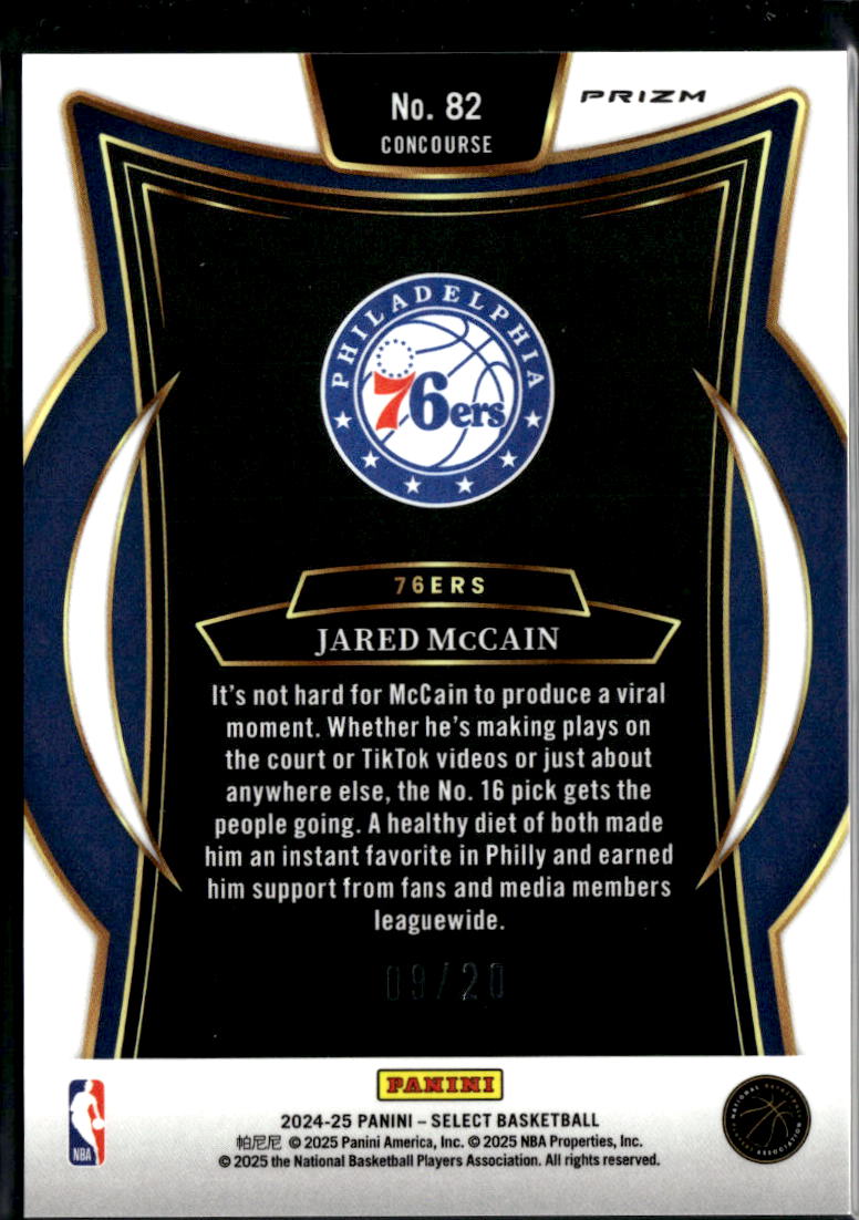 Jared McCain 2024-25 Select RC Red Mojo Prizm Rookie 9/20 Philadelphia 76ers