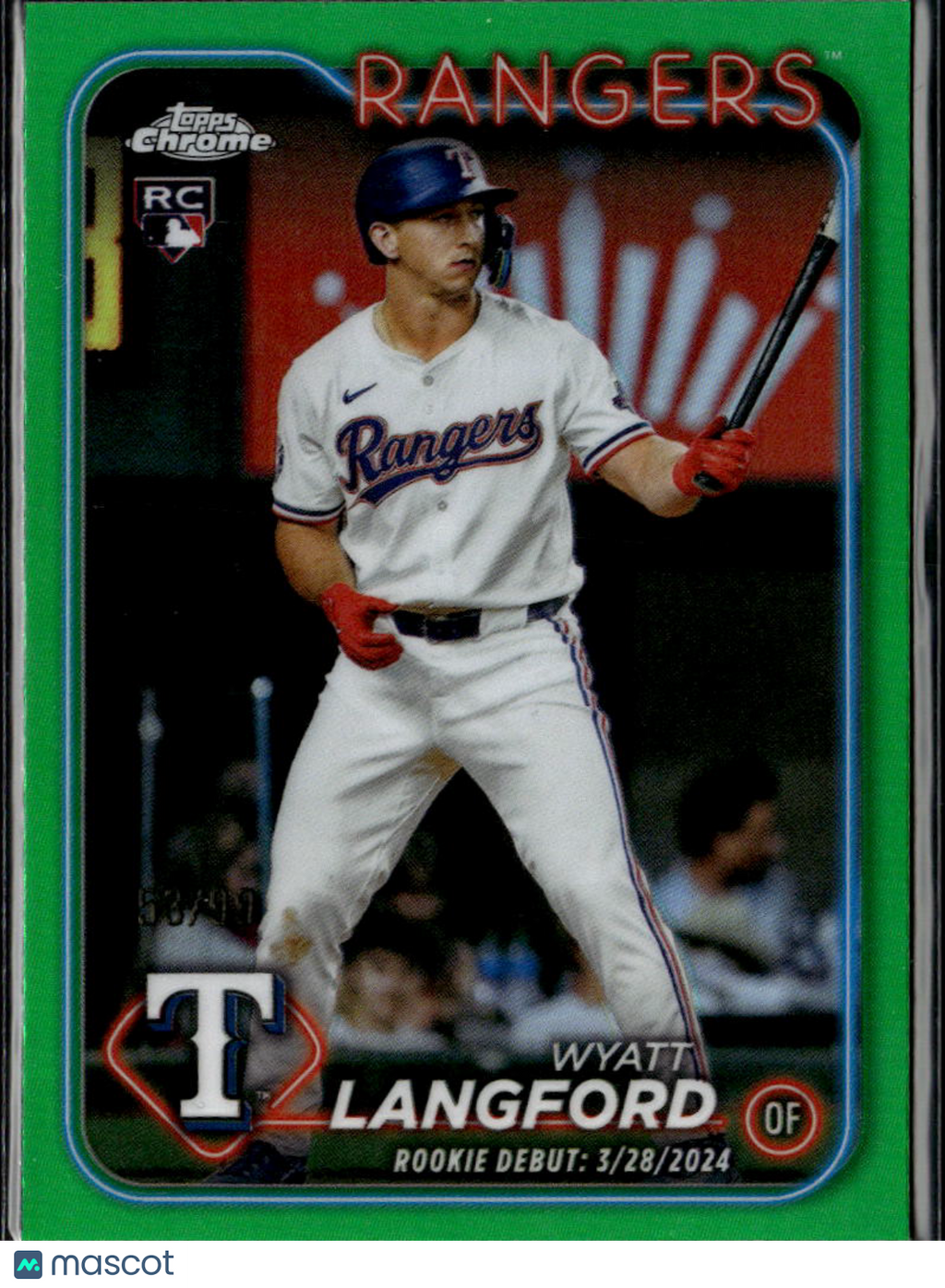 Wyatt Langford 2024 Topps Chrome Update RC Green Refractor 53/99 Texas Rangers