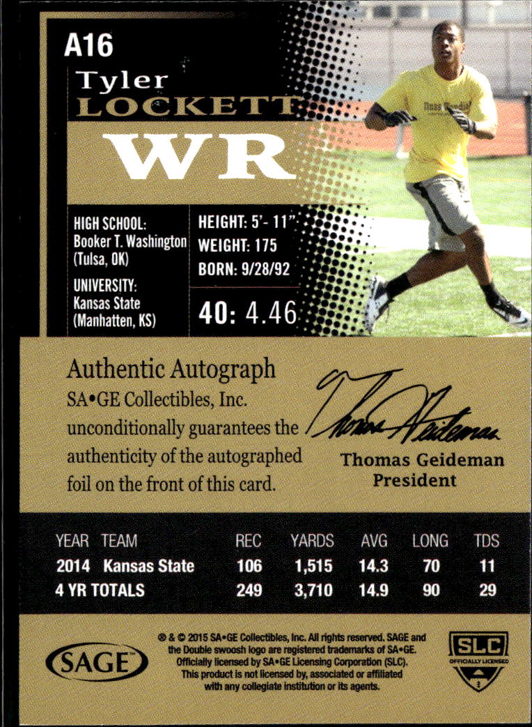 Tyler Lockett 2015 SAGE HIT Auto Autograph GOLD RC 104250 Seattle Seahawks