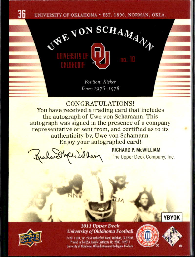 Uwe Von Schamann 2011 Upper Deck Auto Autograph Oklahoma Sooners