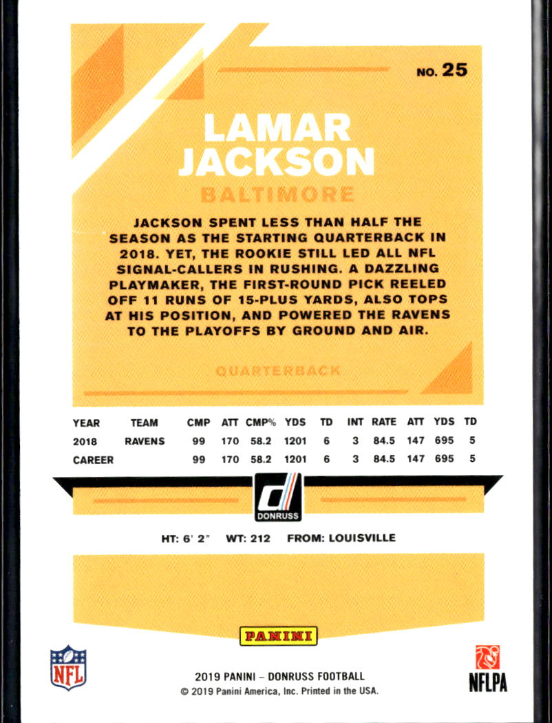 Lamar Jackson 2019 Donruss Purple Stat Line 2nd Year 286/500 Baltimore Ravens