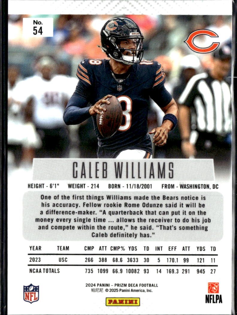 Caleb Williams 2025 Panini Prizm Deca Rookie RC #54 Chicago Bears