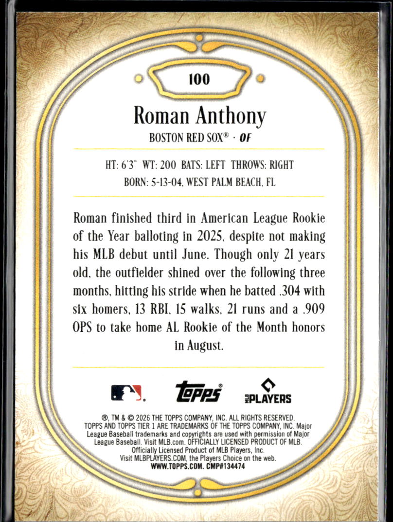 Roman Anthony 2026 Topps Tier One Red Rookie RC 25/50 Boston Red Sox