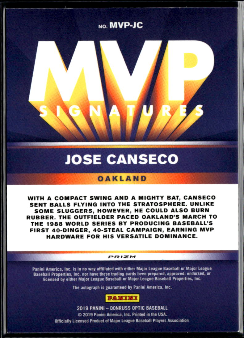 Jose Canseco 2019 Optic MVP Auto Autograph Pink Oakland Athletics