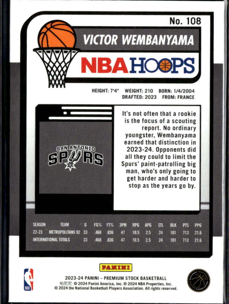 Victor Wembanyama 2023-24 NBA Hoops Premium Stock Rookie RC San Antonio Spurs