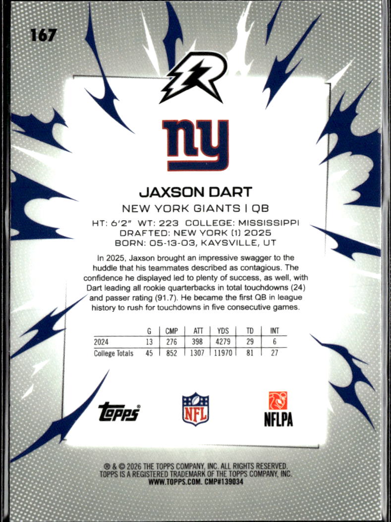 Jaxson Dart 2026 Topps Resurgence Blue Orange Rookie RC New York Giants