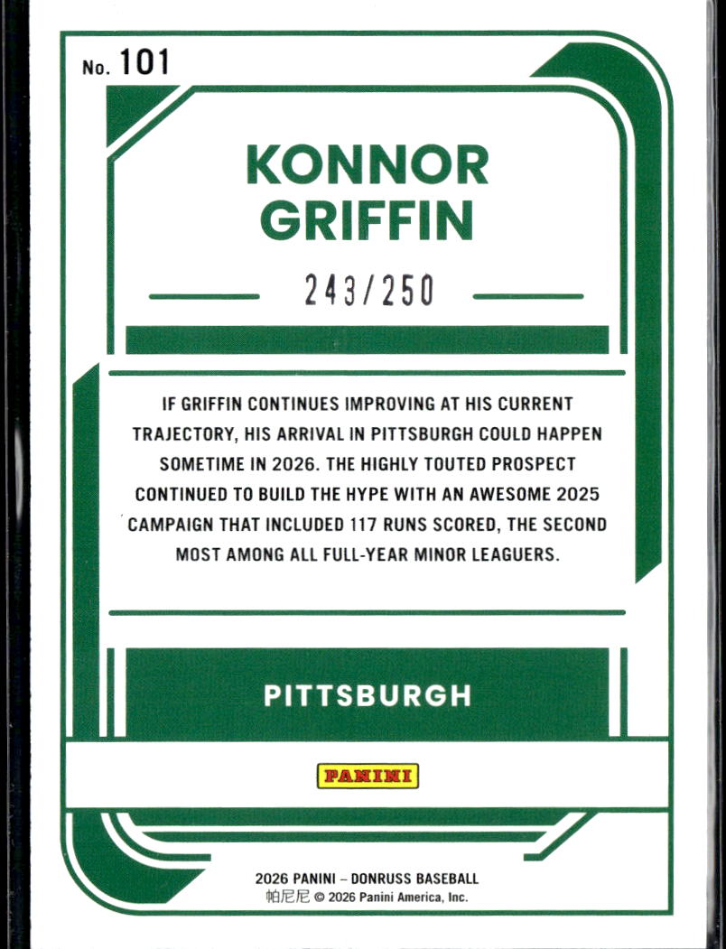 Konnor Griffin 2026 Donruss Rated Prospect Red RC 243/250 Pittsburgh Pirates