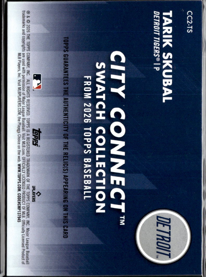 Tarik Skubal 2026 Topps City Connect Game Worn Jersey Patch Detroit Tigers