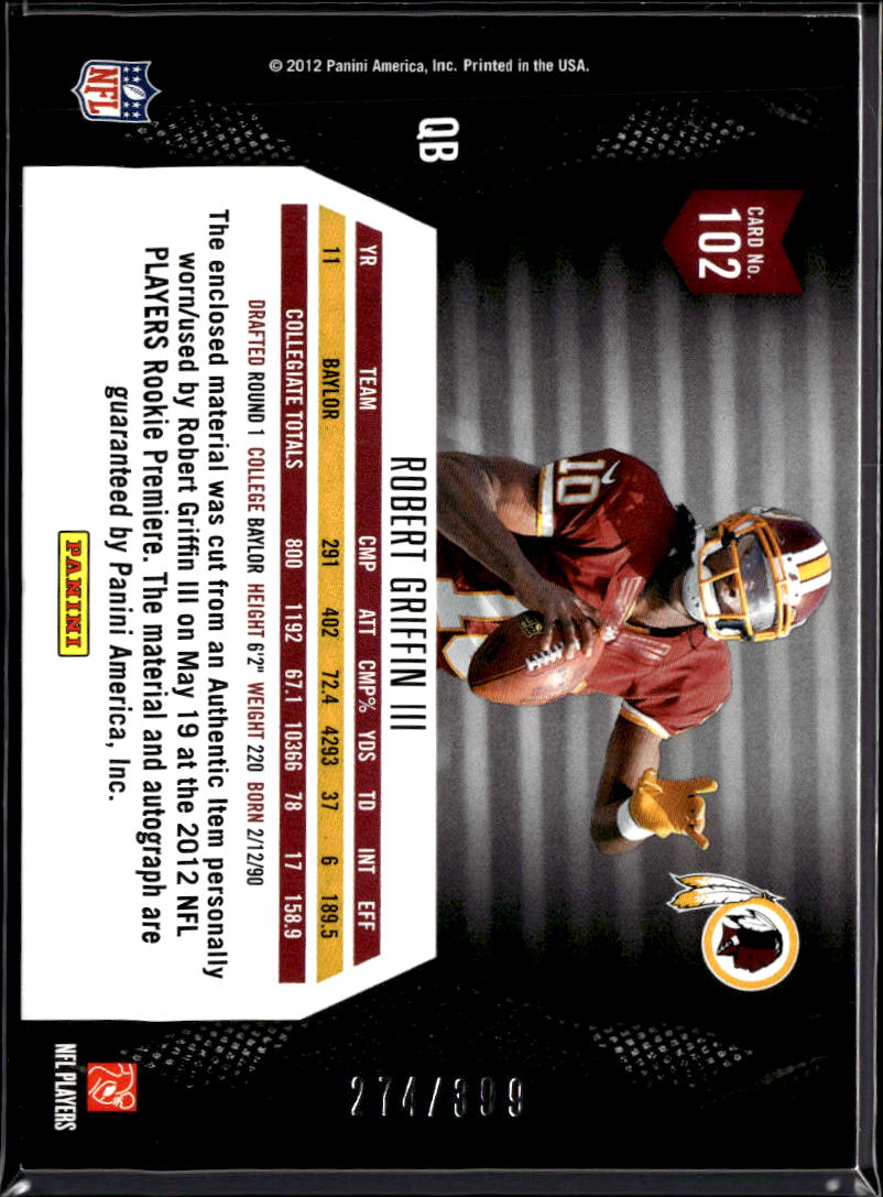 Robert Griffin III 2012 Momentum Auto Autograph Patch RC 274/399 Redskins