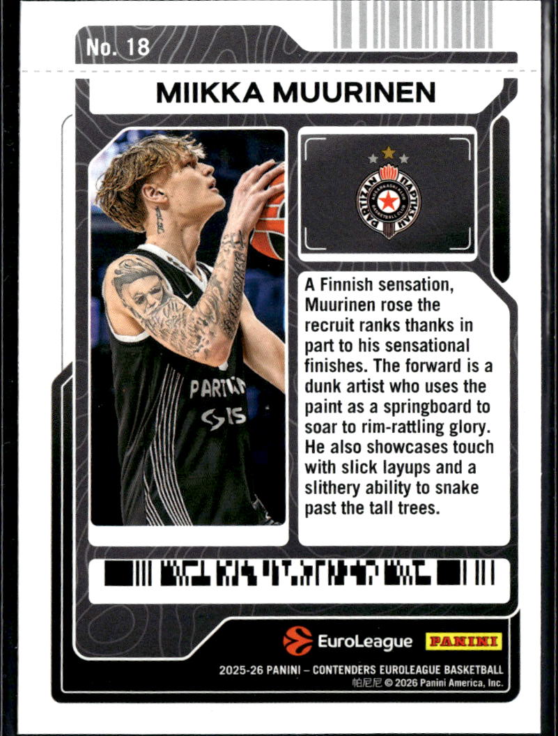 Miikka Muurinen 2026 Panini Contenders EuroLeague Basketball Partizan