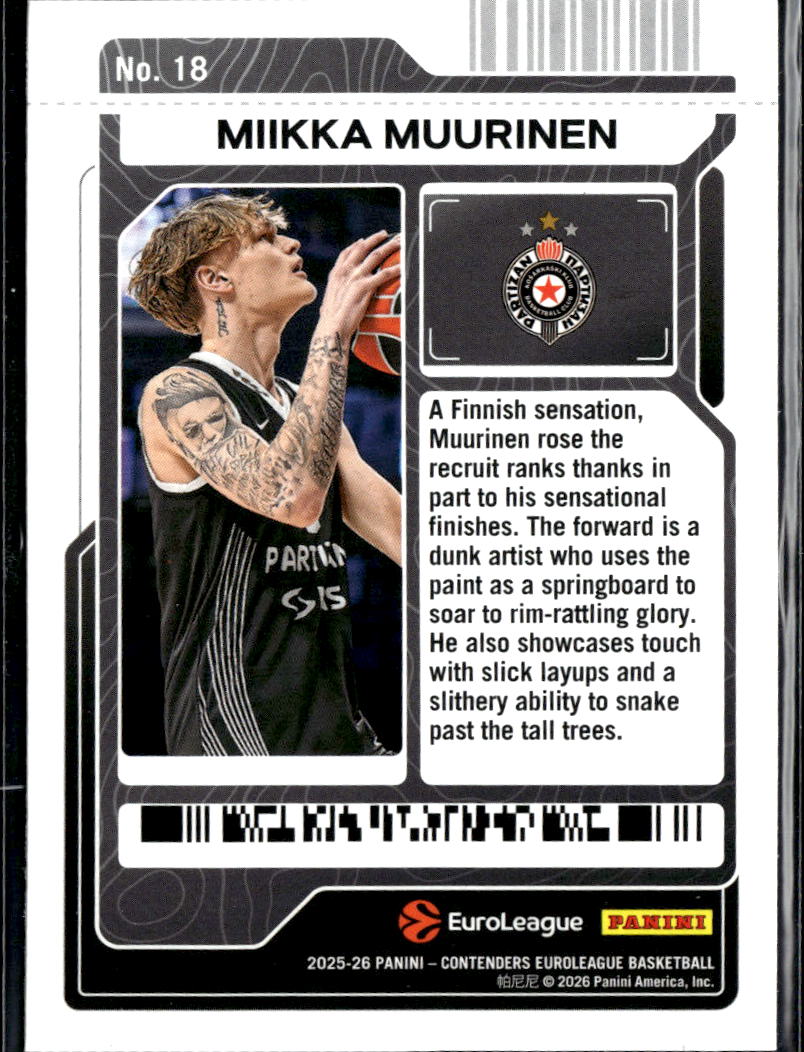 Miikka Muurinen 2026 Panini Contenders EuroLeague Basketball Partizan Belgrade