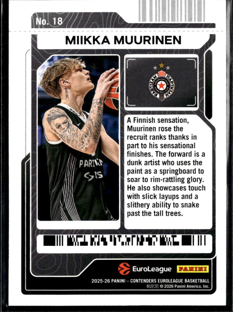 Miikka Muurinen 2026 Panini Contenders EuroLeague Basketball Partizan Belgrade