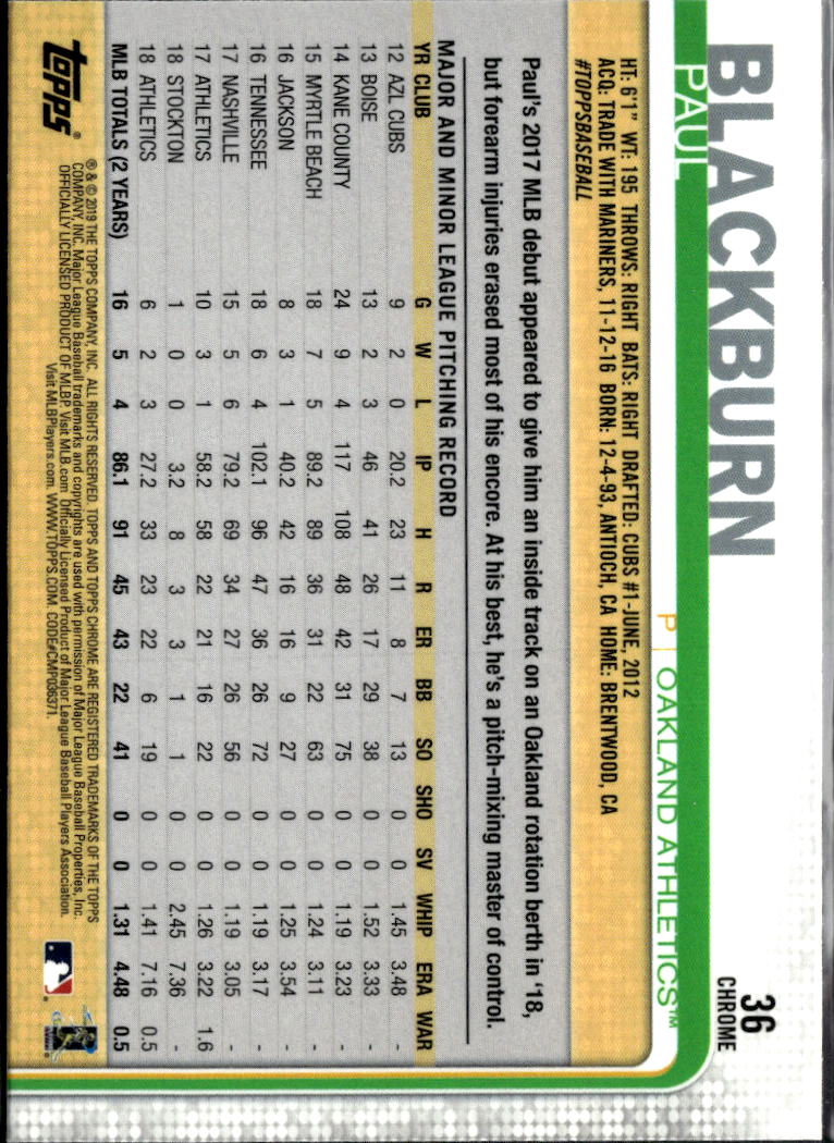 Paul Blackburn 2019 Topps Chrome Sapphire Refractor Oakland Athletics