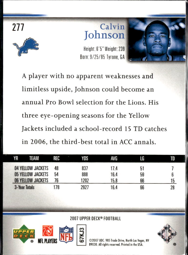 Calvin Johnson 2007 Upper Deck Rookie RC Detroit Lions