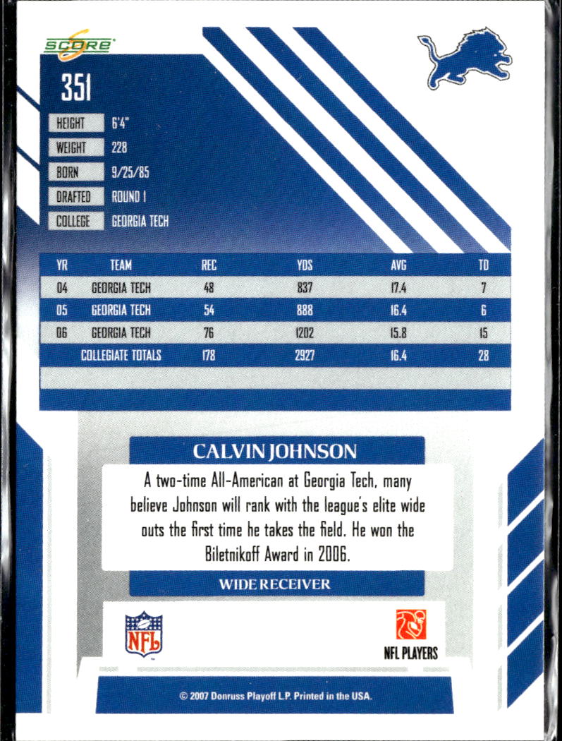 Calvin Johnson 2007 Score Rookie RC Detroit Lions