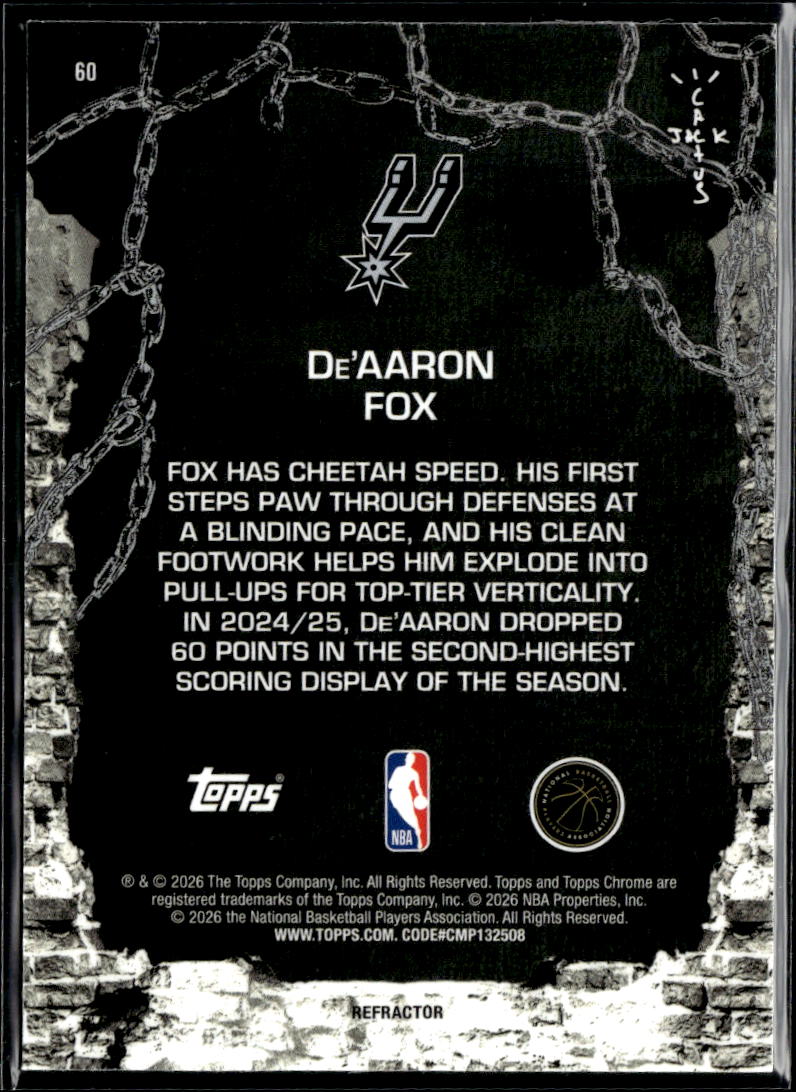 De'Aaron Fox 2026 Topps Chrome Cactus Jack REFRACTOR San Antonio Spurs