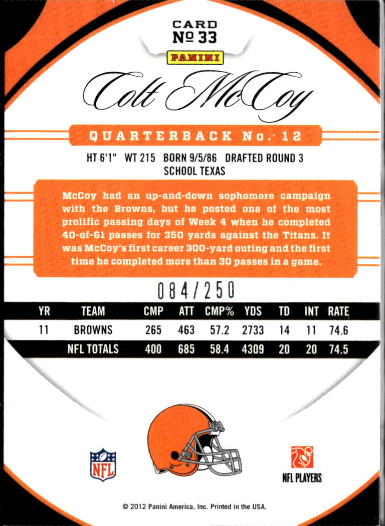 Colt McCoy 2012 Panini Certified Red /250 Cleveland Browns