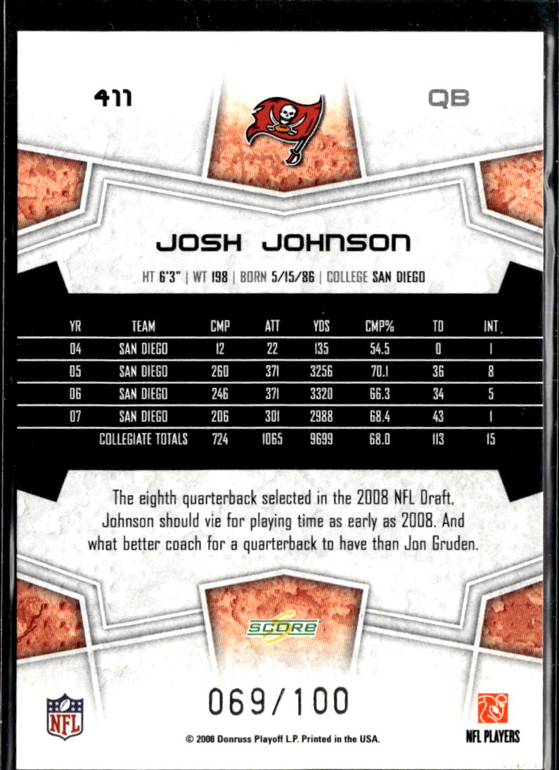 Josh Johnson 2008 Score Select Scorecard RC 69/100 Tampa Bay Buccaneers