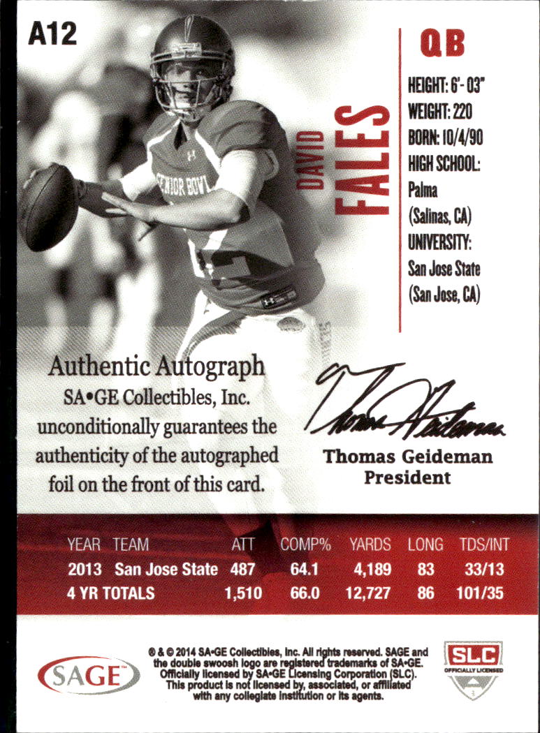 David Fales 2014 SAGE HIT Auto Autograph /250 San Jose State Spartans