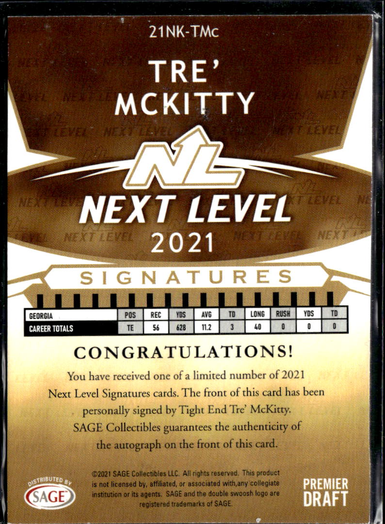 Tre' McKitty 2021 SAGE Next Level Auto Autograph RC Georgia Bulldogs