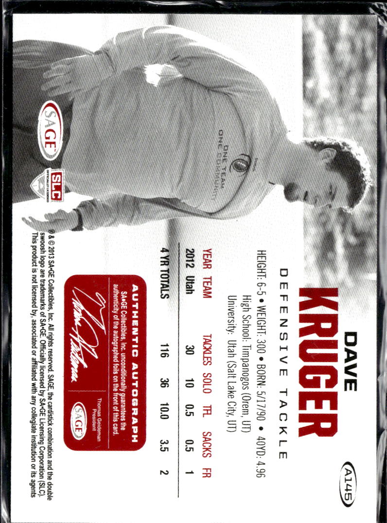 Dave Kruger 2013 SAGE HIT Auto Autograph RC Rookie Utah Utes