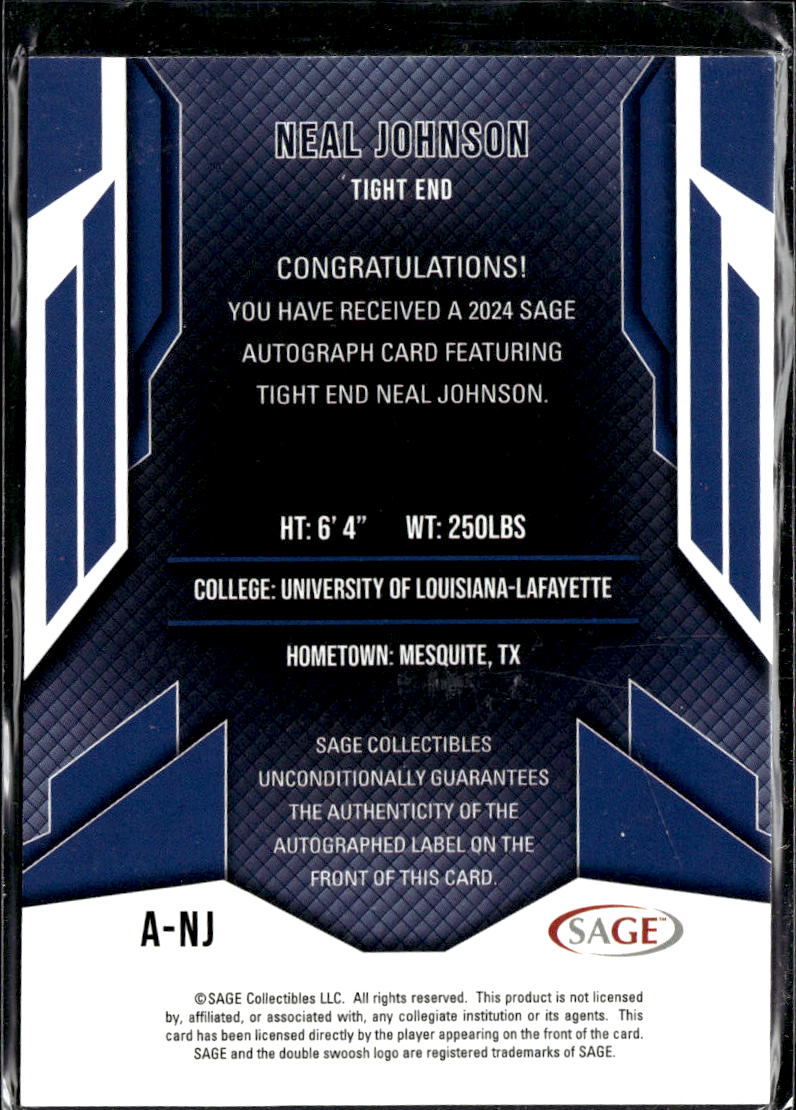 Neal Johnson 2024 SAGE Auto Autograph RC Louisiana Ragin' Cajuns
