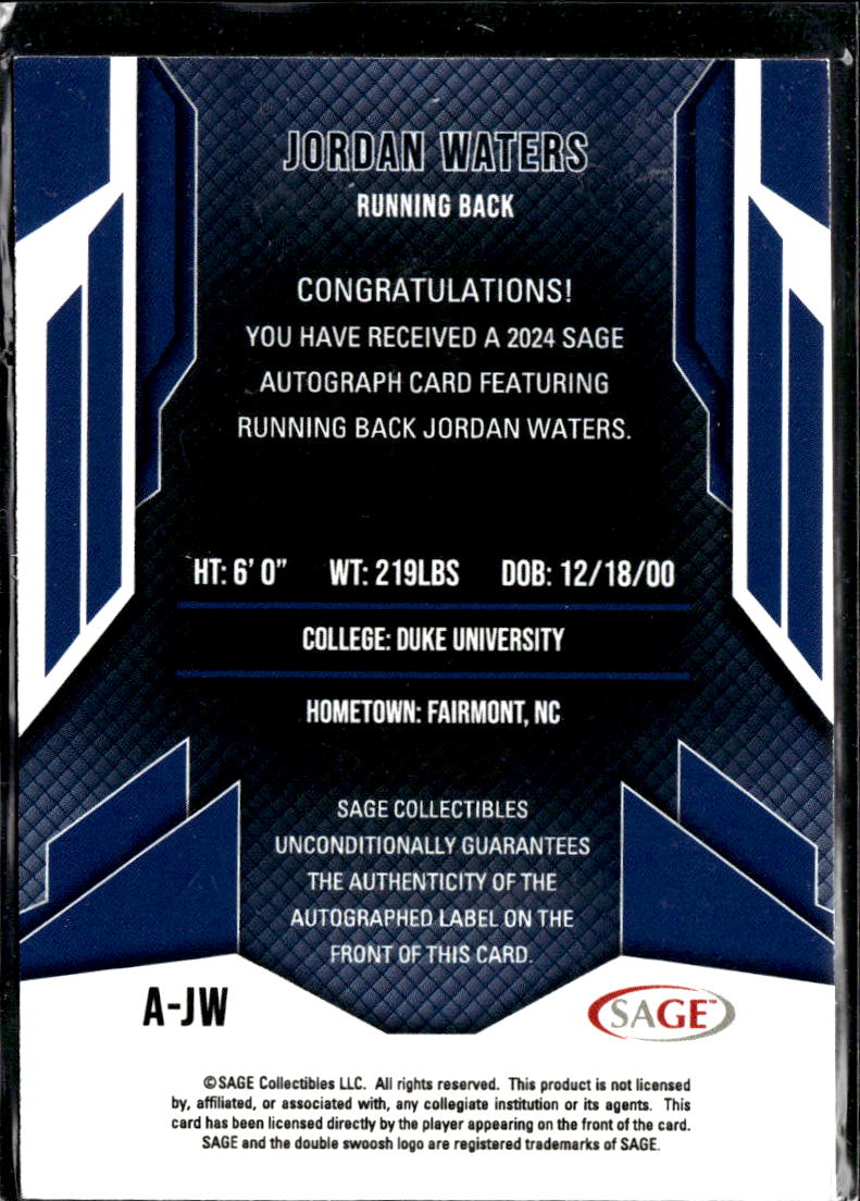 Jordan Waters 2024 SAGE Autograph Auto Rookie RC Duke