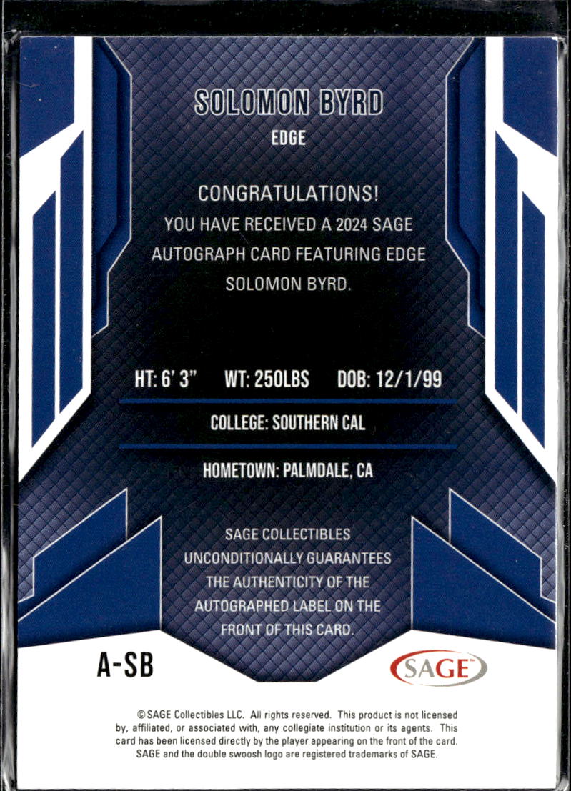 Solomon Byrd 2024 SAGE Edge Auto Autograph Southern Cal Trojans