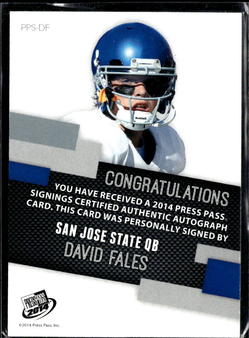 David Fales 2014 Press Pass Signings Auto Autograph /99 San Jose State Spartans