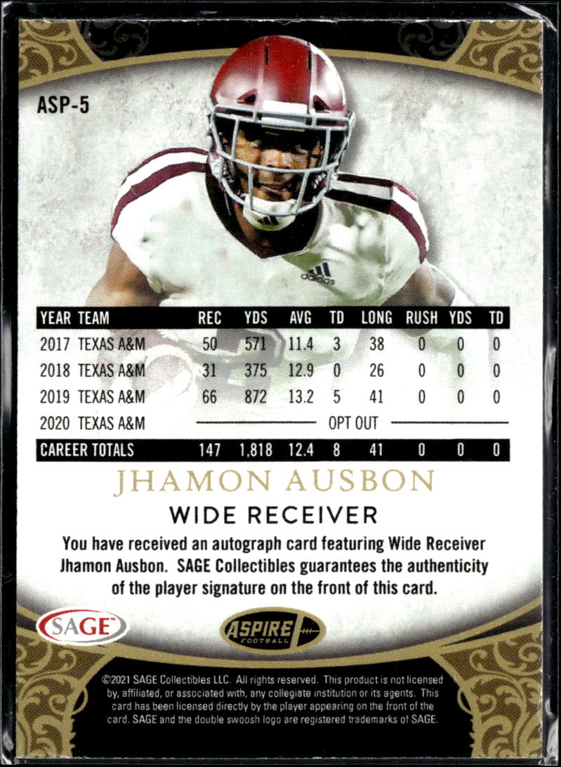 Jhamon Ausbon 2021 SAGE Aspire Auto Autograph Texas A&M Aggies
