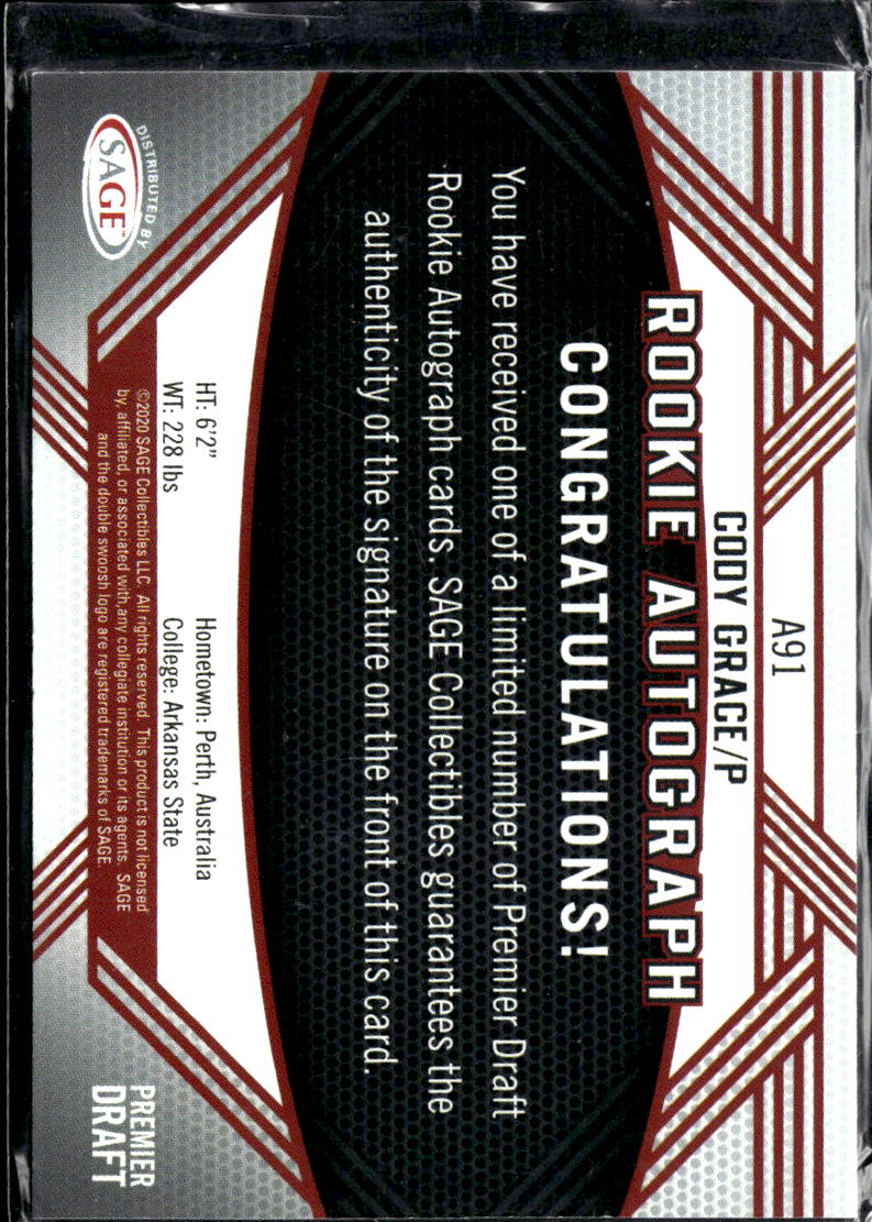 Cody Grace 2020 SAGE HIT Premier Draft Autograph Auto Arkansas State