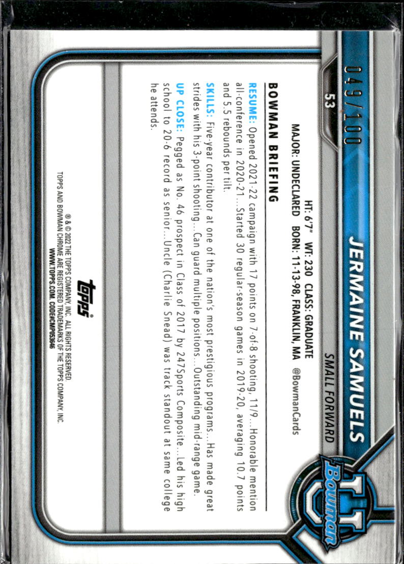 Jermaine Samuels 2021 Bowman University 1st Rookie RC 49/100