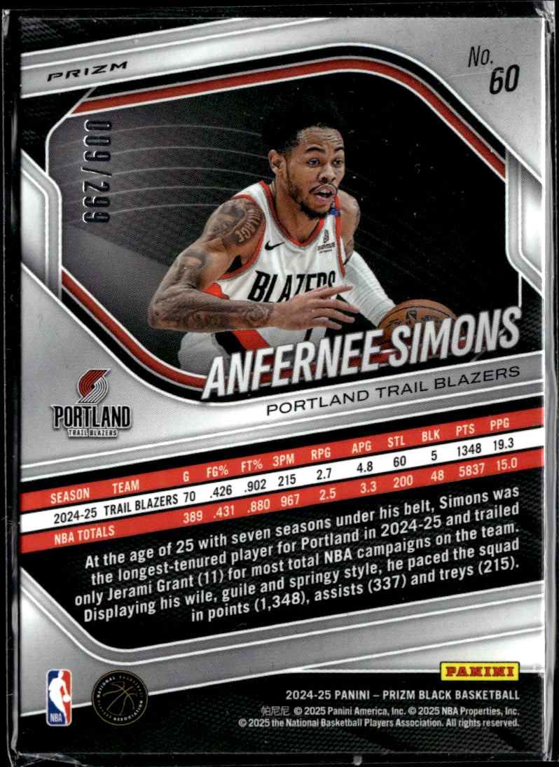 Anfernee Simons 2025 Prizm Black Red /299 Portland Trail Blazers